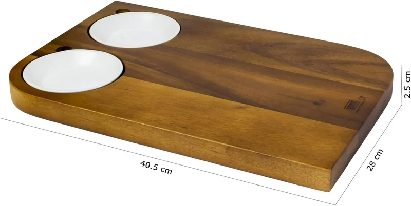BILLI Billi Wooden Serving Board With 2 Pcs Ceramic Dip Bowl, Wooden Steak Plate Food Platter, Brown/White
